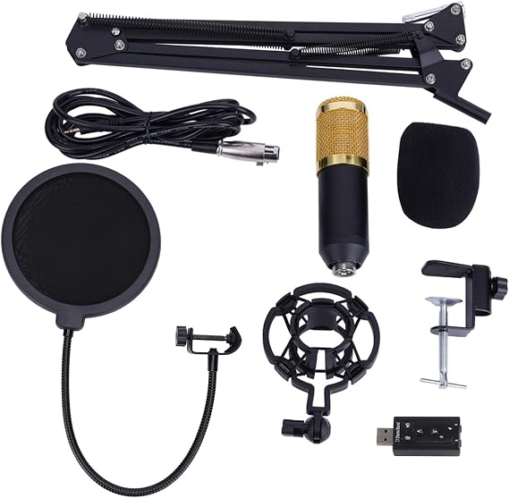 Ausla BM 800 Condenser Microphone Kit with Pop Filter, Foam Cap, Arm Stand, USB Adapter for Recording, Podcast Broadcasting