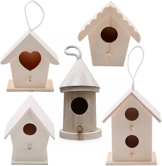 5 Pack Bird Houses to Paint - Unfinished Wooden DIY Bird House Kits for Kids & Adults with Hanging Rope, Natural Crafts for Garden Decor