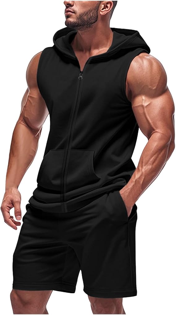 RLEHJN Tracksuit Mens Full Set Shorts and Zip Up Sleeveless Hoodies 2 Piece Tracksuits Solid Color Hooded Tank Tops + Shorts Track Suits Gym Casual Exercise Running Sport Lounge Wear Sets