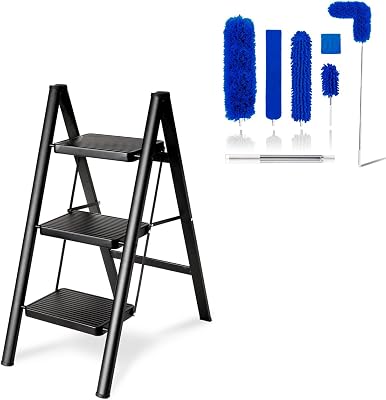 Folding 3 Step Ladder & Microfiber Duster Kit 6 Pcs