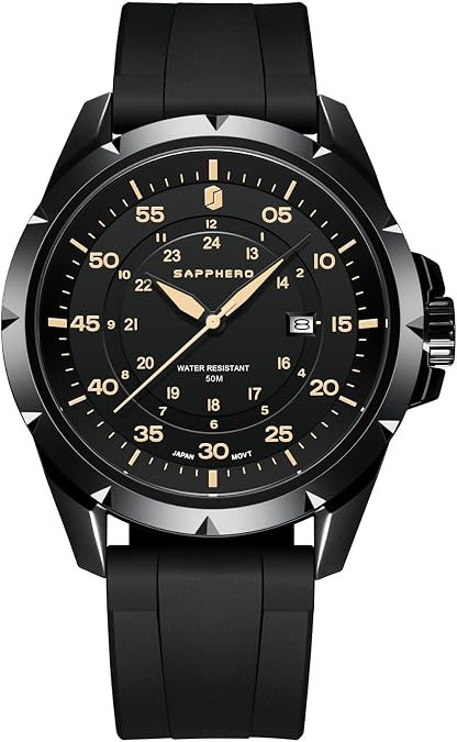 SAPPHERO Men's Silicone Waterproof Watch 5ATM Japanese Quartz Movement Stainless Steel Case Men's Watch Date Design Sport Casual Business Best Gift for Men Balck-Yellow