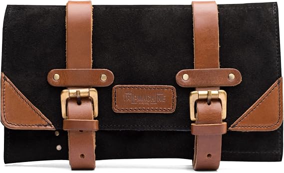 Trip Machine Genuine Leather Motorcycle Tool Roll Bag Water Resistant Suede Mountable Tool Organizer with 20 Slots & Zipper Pocket Heavy Duty Riding Tool Kit Holder (Tan Black)