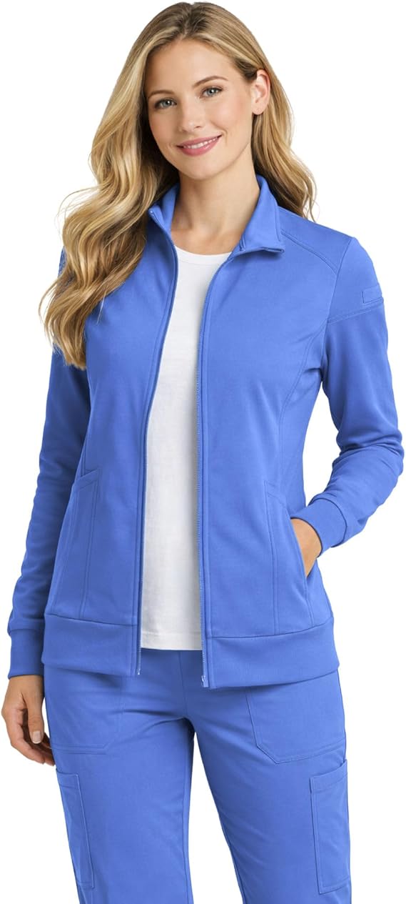 Womens Stretch Scrub Jacket Zip Front Moisture Wicking Warm Up Medical Jacket