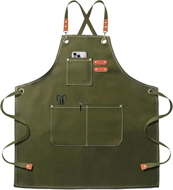 OUNLEN Chef Apron for Men Women Canvas Aprons with 3 Pockets Cross Back Resistant Work Apron for Cooking