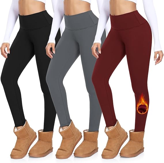MOREFEEL 3 Pack Thermal Fleece Lined Leggings Women,High Waisted Tummy Control Warm Winter Yoga Workout Thick Pants