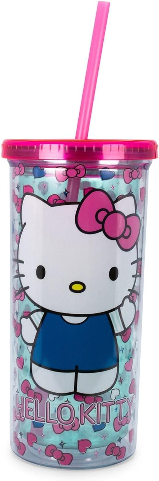 Sanrio Hello Kitty Bows and Hearts Carnival Cup with Reusable Straw and Leakproof Lid | Plastic Cold Cup for Boba Milk Tea Beverages, Home & Kitchen Essentials | Cute Kawaii Gifts | Holds 20 Ounces