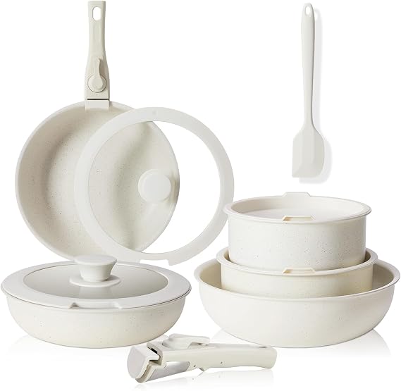 Pots and Pans Set Non Stick, 12-Piece Induction Kitchen Cookware, Oven-Safe, Stackable RV Cookware with Removable Handle