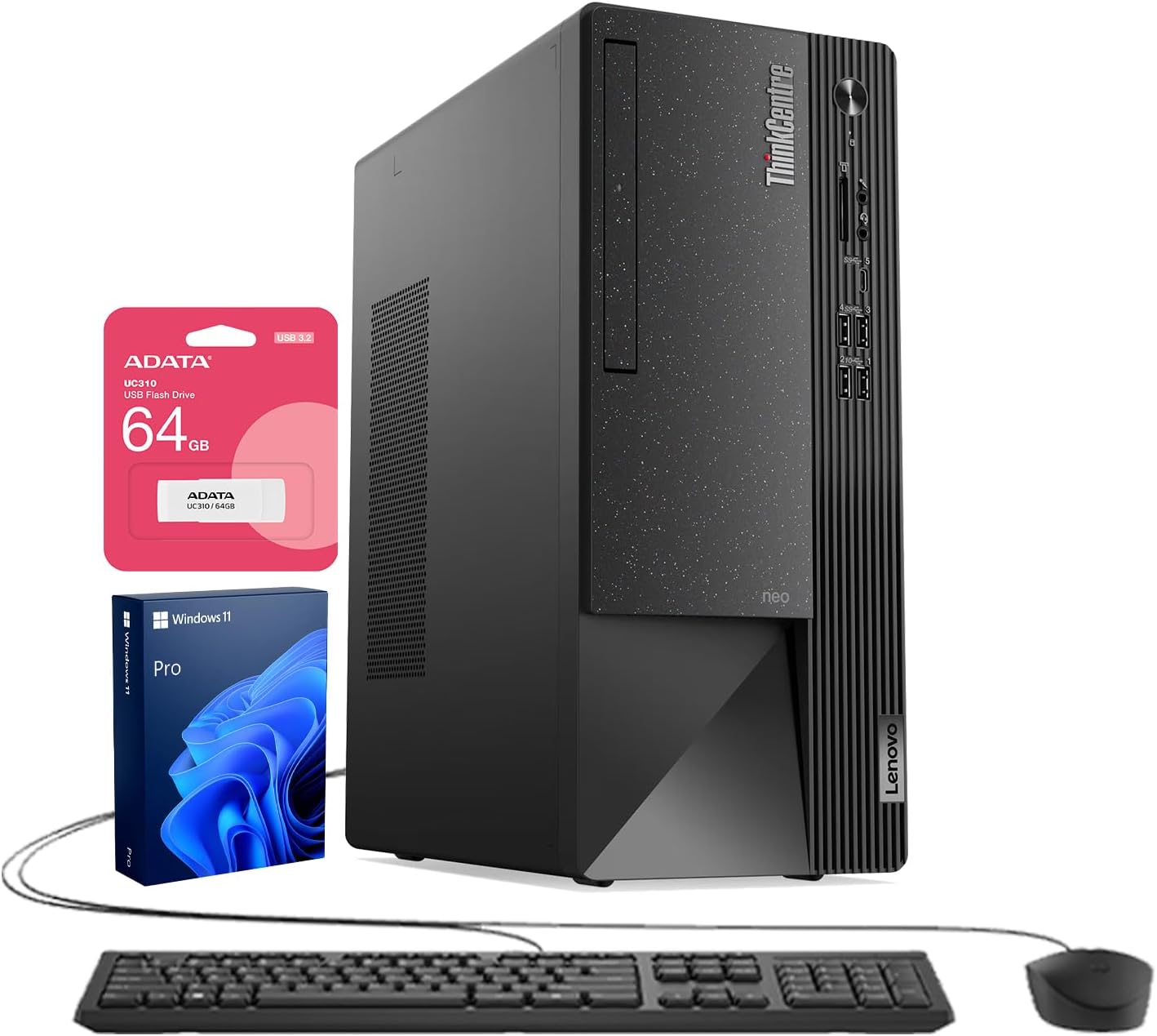 Lenovo ThinkCentre Neo 50t Tower Desktop, 13th Gen Intel 4-Core Processor, 16GB RAM, 256GB SSD, 2-Monitor Support 4K, DP, HDMI, VGA, Wired Keyboard & Mouse, Wi-Fi, Windows 11 Pro, Flash Drive Bundle