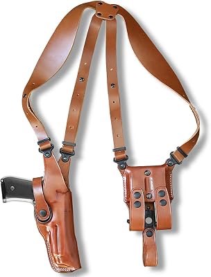 Premium Leather Vertical Shoulder Holster System with Double Magazine Carrier for Canik TP9 SFX 9mm 5.2 Barrel, Right Hand Draw, Brown Color #1351#