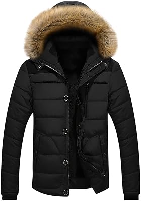 Puffer Jacket Men Fur Hood Winter Coat Zip up Padded Coat Warm Down Jacket Quilted Insulated Jacket Thermal Outwear