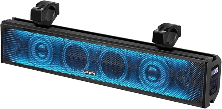 UTV Sound Bar - 26 Inch Wide, 4 Inch Speakers, 1 Inch Soft Dome Tweeters, Full Range with Multicolor Lighting, IPX5 Weatherproof, Bluetooth, Built-in Amplifier, Golf Cart Compatible