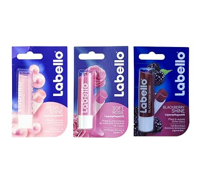 Labello Pearly Shine, Soft Rose, Blackberry Shine Lip Balm Bundle