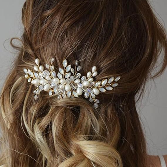 Evild ラインストーン ウェディング ブライド ヘアコーム ゴールド Cryatal ヘアピース パール ブライダル ヘアアクセサリー 女性用