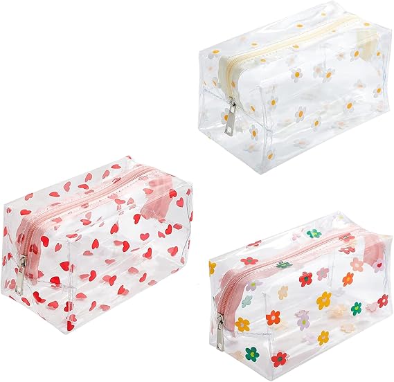 3 PCS Clear Pencil Case Large Pen Bag, Pencil Case Girls, Transparent Cosmestic Makeup Bags, Cute Heart Daisy Sunflower Pattern Bags, for Women and