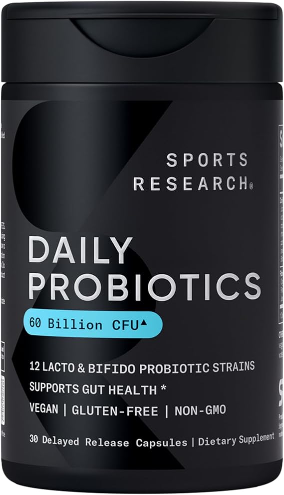 Sports Research Daily Probiotics 60 Billion CFU w/Prebiotics, 30 Count | 12 Lacto & Bifido Strains for Gut & Digestive Support - Vegan, Non-GMO & Gluten Free