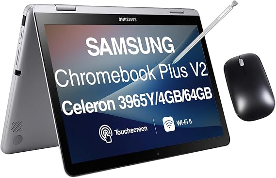 Samsung Chromebook Plus V2 Business 2-in-1 Laptop 12.2" Touchscreen WUXGA Display (Intel Celeron 3965Y, 4GB LPDDR3, 64GB SSD, Active Pen, WiFi 5, Webcam, Bluetooth 4.0, Chrome OS)