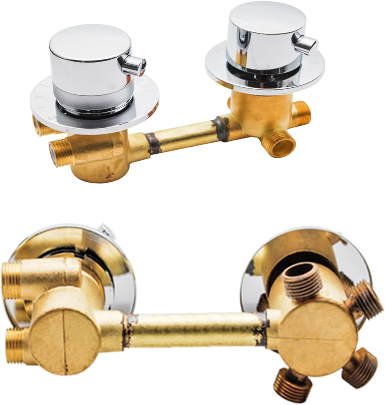 Thermostatic Shower Mixer Tap Brass Bath Faucet with Ceramic Cartridges 234 Way Mixing Valve Cold & Hot Water Outlet 10cm Center Distance G12 Thread Silver