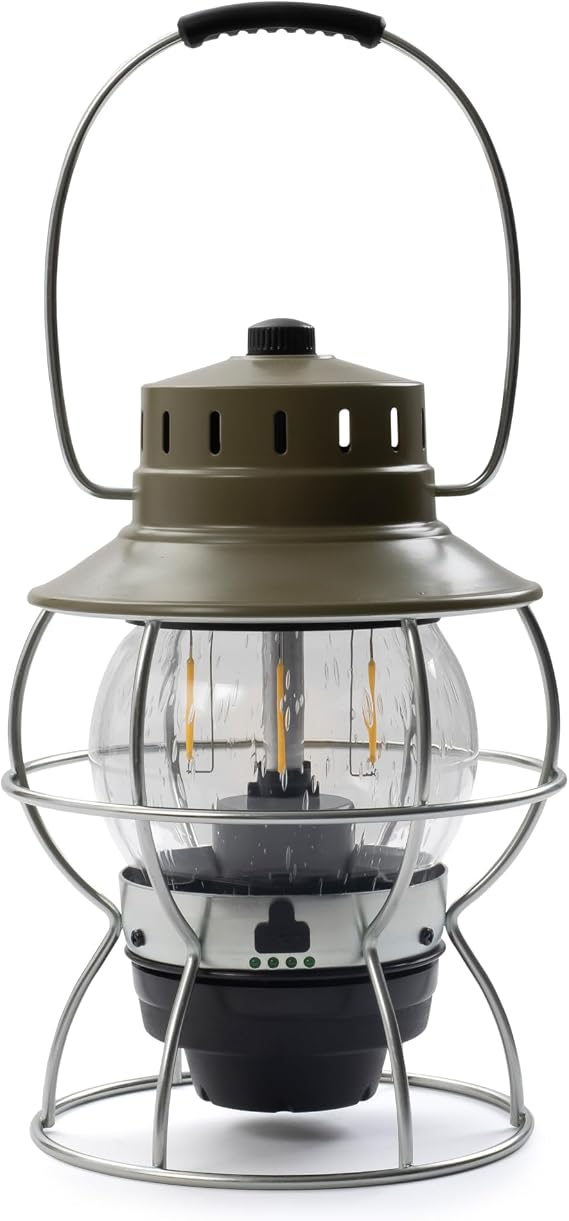 Barebones Railroad Lantern Olive Drab, Vintage-Inspired LED Camping Lantern with Rechargeable Battery Adjustable Brightness Outdoor Light for Camping Gear, Backyard, and Home Decor