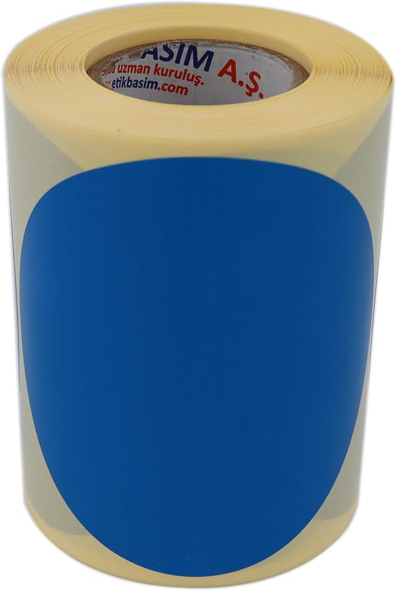 Kuşe Daire Renk Baskılı Çap Etiketi 100mm Daire Ölçülerinde Yuvarlak Çıkartma Sticker Ruloda 250 Adet Kendinden Yapışkanlı Rulo Etiketi Barkod Yazıcılar ile Uyumlu 40mm Kuka (Mavi)