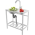 Kitchen Single Bowl Sink Commercial Utility Laundry Sink with Operation Countertop and Bottom Shelf Stainless Steel Free Standing Laundry Hand Washing Station for Garage, Restaurant
