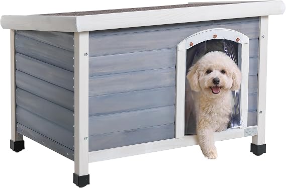 Petsfit Large Dog House, Wooden Outdoor Dog Kennel w/Hinged Roof, Weatherproof Dog Houses for Small Dogs Outside w/Adjustable Foot Pads, 33.7" L X 22.6" W X 23" H, Grey