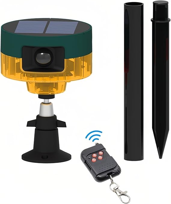 Solar Motion Sensor Alarm Outdoor 360°Motion Detector LED Flashing Strobe Light Warning Lamp with Remote Control Sound Security Siren for Chicken Coop Yard Home Farm Barn