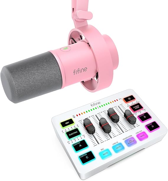 FIFINE Recording Microphone and Gaming Mixer Bundle, XLR/USB Dynamic Microphone with Tap-to-Mute, Gain Knob, Monitor Jack, Audio Mixer Compatible with XLR Mic for Streaming Gaming(K688P+SC3W)