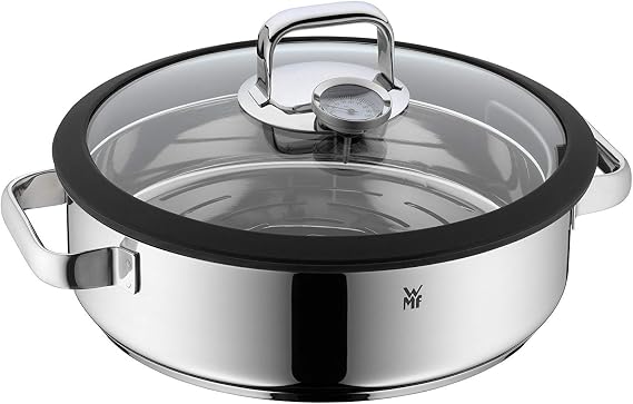 WMF Vitalis Aroma Buharlı Pişirme Tenceresi, 28 cm, 5 L, Cam Kapaklı, Silikon Kenarlı, Pişirme Termometresi ve Buharlı Pişirme Tepsili, Cromargan® Yüksek Kaliteli Paslanmaz Çelik, Fırına Uygun