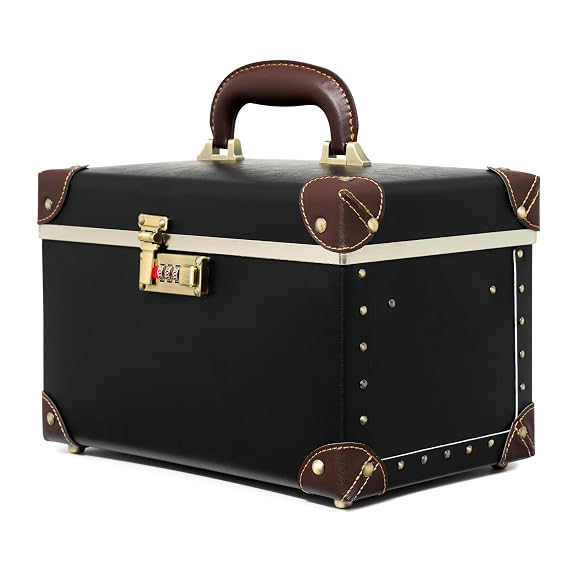 urecity Vintage Artificial Leather Makeup Train Case, Professional Cosmetic Organizer with Metal Combination Lock, Retro Style Storage Box, Black/Brown, Medium (Length: 12.5")