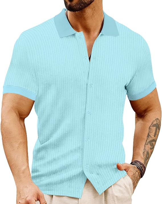 LOGEEYAR Men's Slim Fit Polo Shirts Short Sleeve Breathable Button Down Golf Shirts Ribbed Knit Soft Cotton Tops