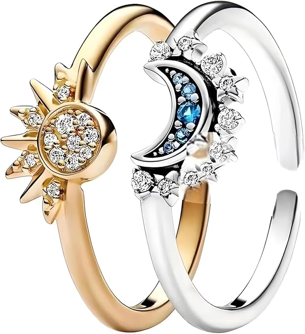 Sun and Moon Ring Set Sparkling Sun Blue Moon Matching Rings