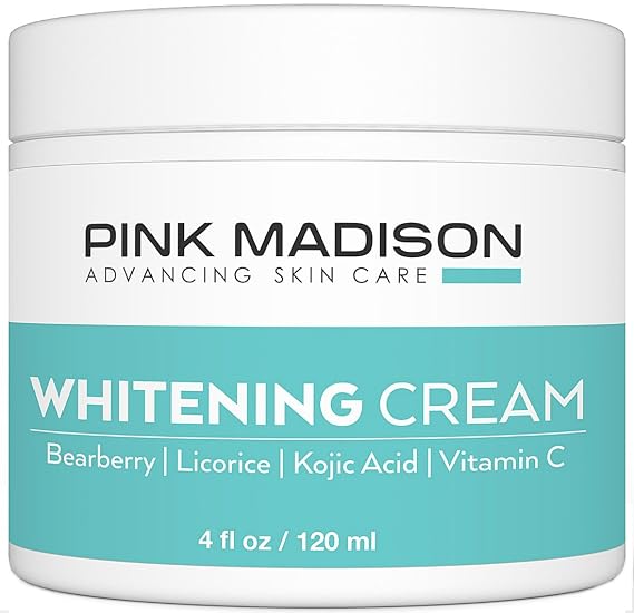 Pink Madison Skin Lightening Cream with Kojic Acid Vitamin C Hyaluronic Acid. Natural Brightening Lotion for Melasma, Hyperpigmentation and Dark Skin Age Spots
