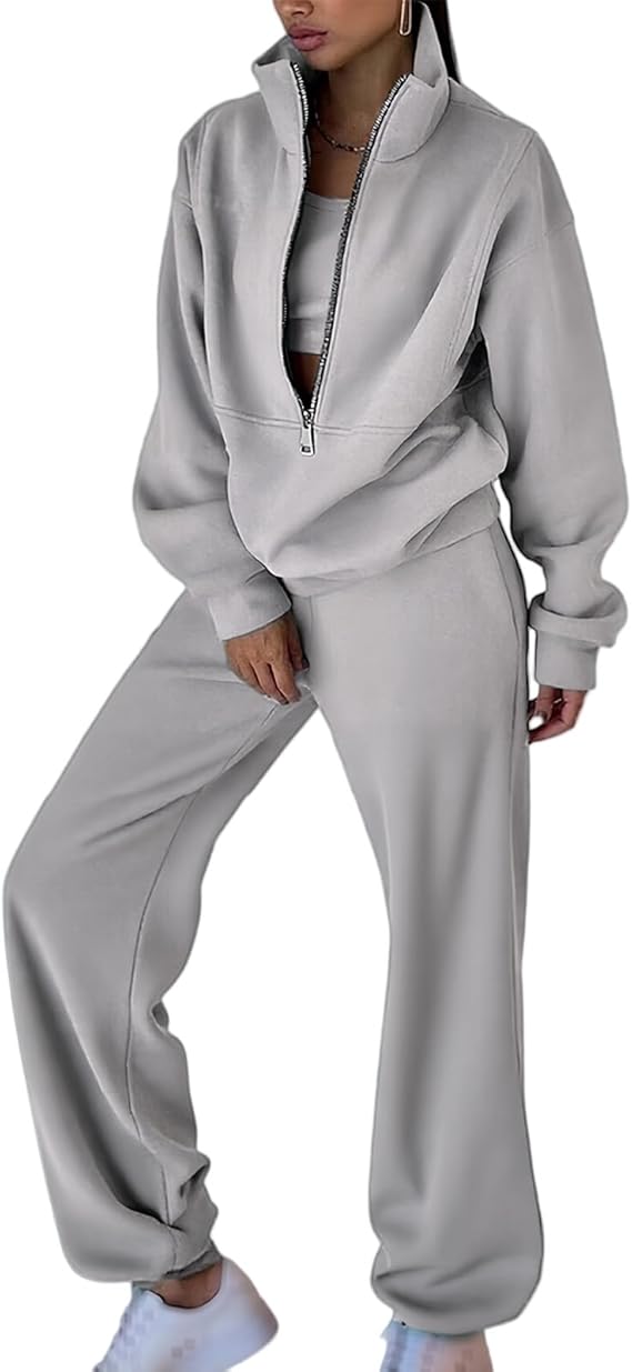 JSLOOO Womens Casual Sweatsuits 2 Piece Lounge Sets Fleece Half Zip Turtleneck Sweatshirt Jogger Pants Tracksuit Set