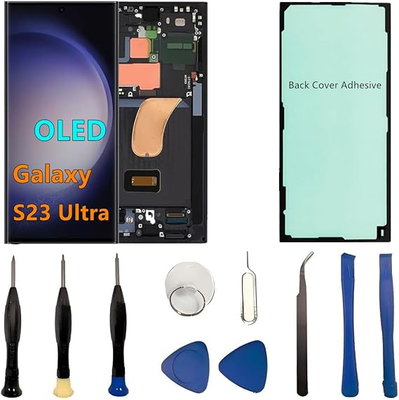 OLED Galaxy S23 Ultra LCD Screen Replacement for Samsung Galaxy S23Ultra 5G Display Touch Screen Digitizer SM-S918U SM-S918U1 Support Fingerprint S-Pen (with Black Frame+Back Cover Adhesive+Tools)