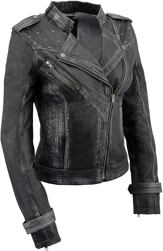 Milwaukee Leather Women's Black Sheepskin Leather Asymmetrical Motorcycle Jacket w/Studding SFL2840 (US, Alpha, Large, Regular, Regular, Black)
