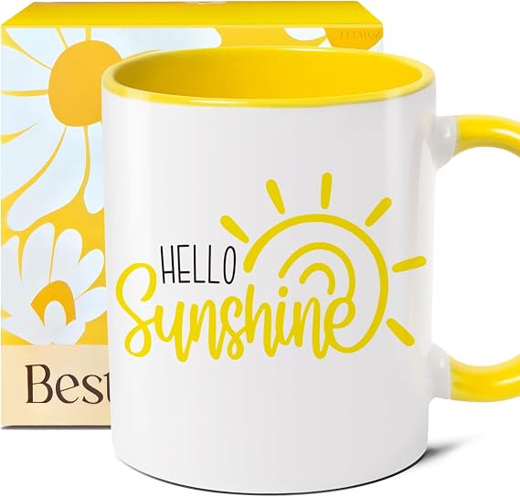 Cute Inspirational Sunshine Mug Gifts for Women Men - Hello Sunshine Coffee Tea Milk Water Mug Gifts Yellow/White for Her Girlfriend Friends bestie Family, Dishwasher and Microwave Safe, 11oz-31