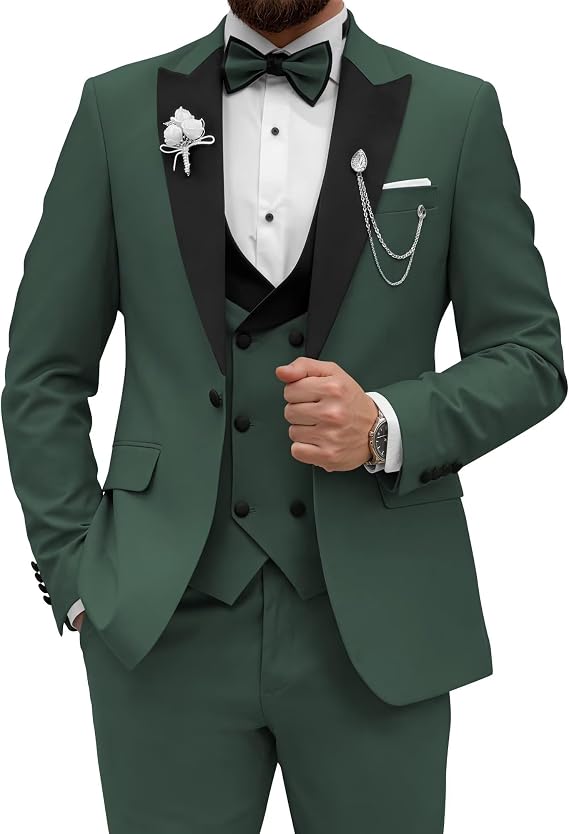 Wangyue Dark Green Men 3 Piece Suit Slim Fit Tuxedo Suit for Men Double Breasted Blazer Vest Pants Set Wedding Dinner Christmas Size XL