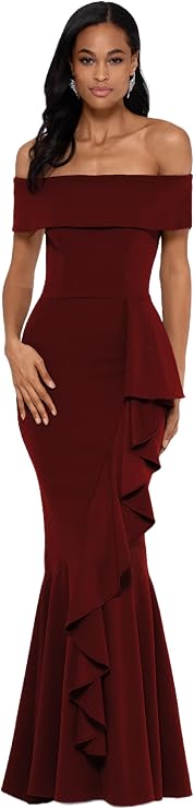 Betsy & Adam Women's Women's Long Off Shoulder Cascade Ruffle Stetch Scuba Crepe Gown