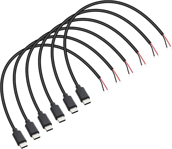 USB C 電源ピグテールケーブル 1フィート 24AWG 5V 3A USB Type-Cオスプラグ - 2ピン裸線オープンエンド電源ピグテールコード DIY ブラック 30cm オス, 6個