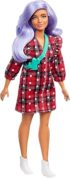 Barbie Fashionistas Doll #157, Curvy with Lavender Hair Wearing Red Plaid Dress, White Cowboy Boots & Teal Cross-Body Cactus Bag, Toy for Kids 3 to 8 Years Old