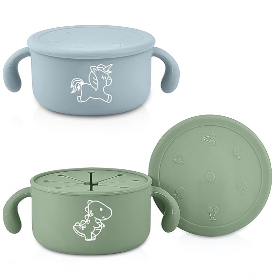 Silicone Bowls for Toddlers,2 Pack Toddler Snack Bowls,Silicone Bowls with Handle and No Spill, Dust-Proof Silicone Lid,BPA Free & Dishwasher Safe