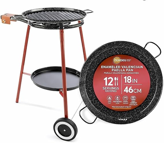 Lucia Set - Complete Paella Burner and Stand Set 18 Inch Paella Pan + Enameled Grill Plate, Double Ring Propane Burner Model 400, Rolling Outdoor Paella Grill System, Serves 12