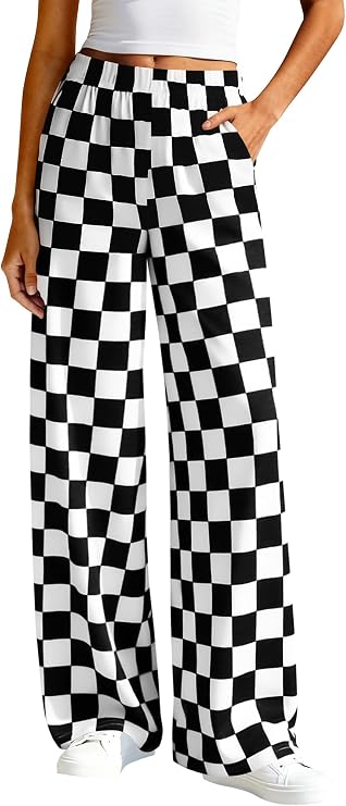 BTFBM Womens Checkered Palazzo Pants Wide Leg High Waisted Pockets Gingham Casual Lounge Pajama Trousers Summer Outfits