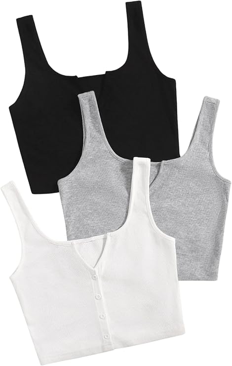 SweatyRocks Women's 3 Piece Button Ribbed Knit Crop Tank Top Scoop Neck Basic Cami Tops