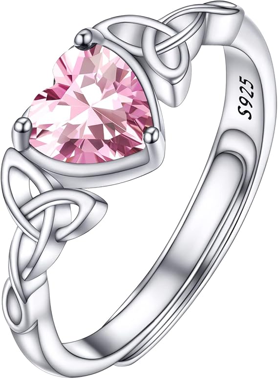 PROSILVER Adjustable 925 Sterling Silver Ring for Women Heart Solitaire Cubic Zirconia Birthstone Open Thumb Rings, Celtic Jewellery for Ladies Girls with Gift Box