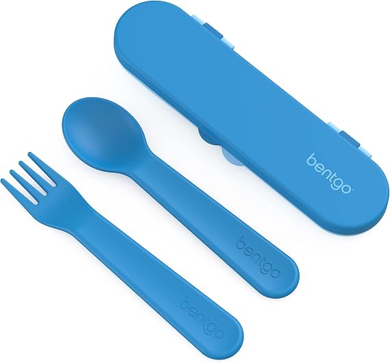Bentgo Kids Plastic Utensil Set - Reusable Fork, Spoon & Storage Case, PFAS- & BPA-Free, Easy-Grip Handles, Lightweight, Dishwasher Safe, School Lunch, Travel & On-the-Go (Blue)