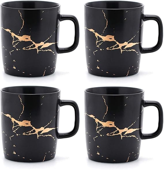 Coffeezone 12 oz Matte Ceramic Marble Tea Coffee Mugs Luxury Gold Inlay (Black, 4 Mugs Gold Marble)