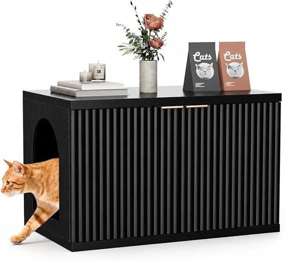 Homhedy Cat Litter Box Enclosure,Modern Fluted Accent,Black