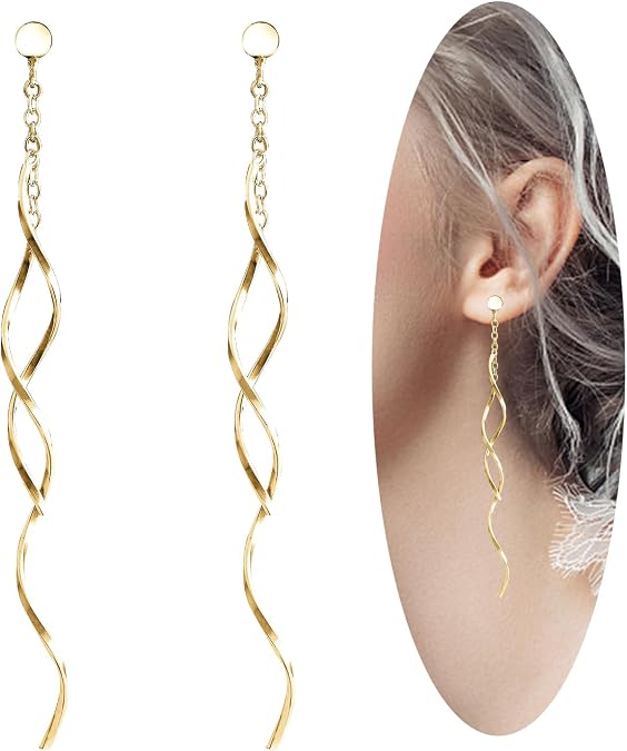 14K Gold/Silver Hypoallergenic Dangle Spiral Long Wire Earrings for Women | 925 Sterling Silver Handmade Fashion Dorp Twisted Linear , Christmas, Mother's Day, Birthdays, Jewelry Gifts for Women