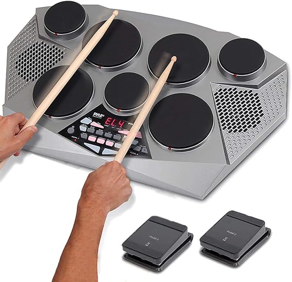 Pyle Pro Electronic Drum Kit - Portable Electric Tabletop Drum Set Machine with Digital Panel, 7 Drum Pads, Hi-Hat/Kick Bass Pedal Controller USB AUX - Tom-Toms, Hi-Hat, Snare Drums, Cymbals